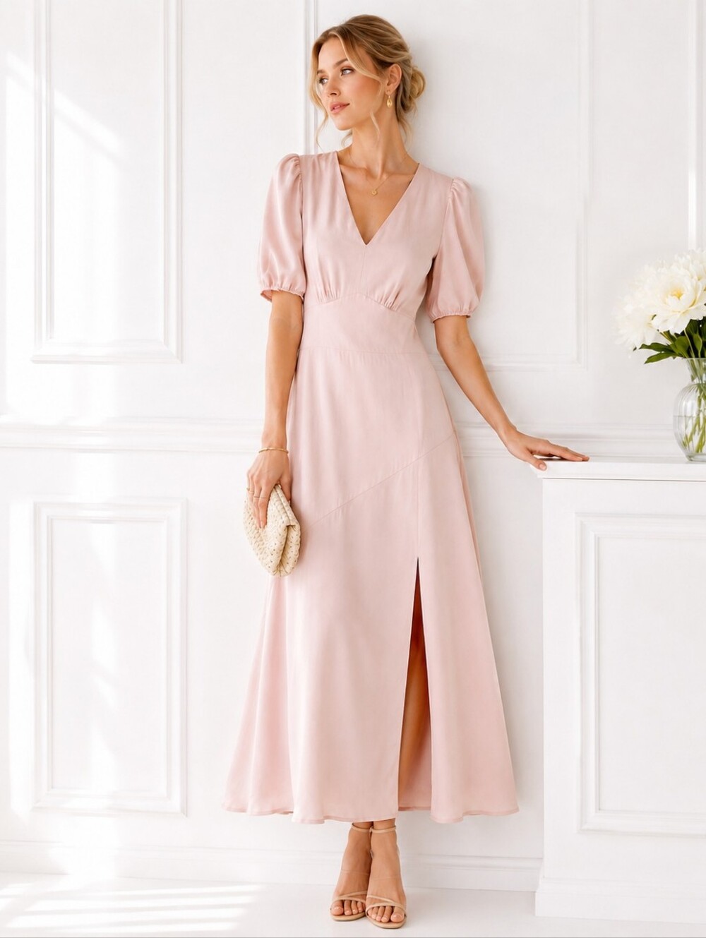 Express Satin Lined Blush Pink Maxi Dress Size SP | Puff Sleeve Romantic Elegant